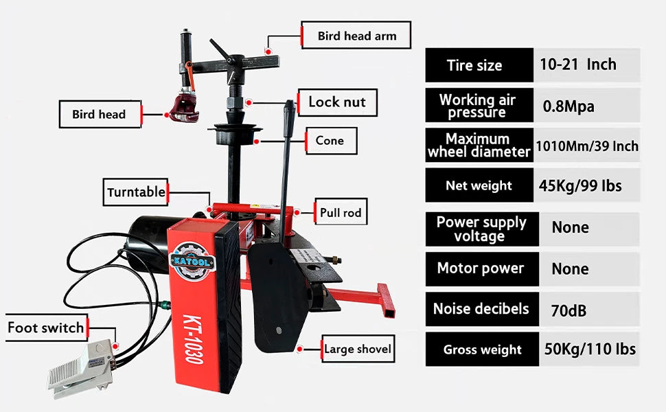 KATOOL KT-1030P Mini Tire Changer Machine 10-21 Inch for Road Rescue