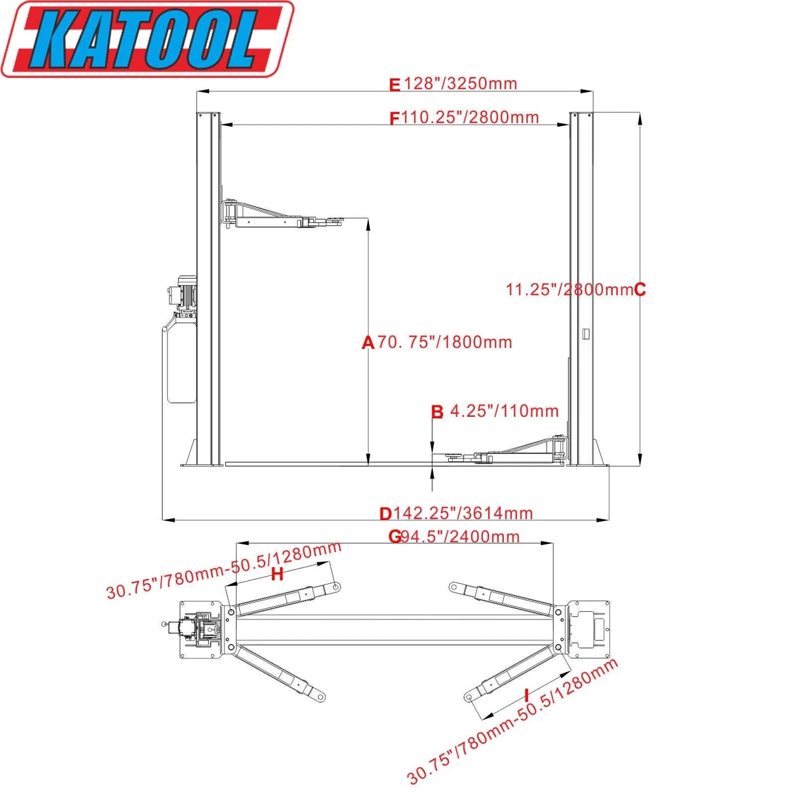 KT-H100 2 Post Lift 10000lbs Auto Lift Truck Hoist Car Lift